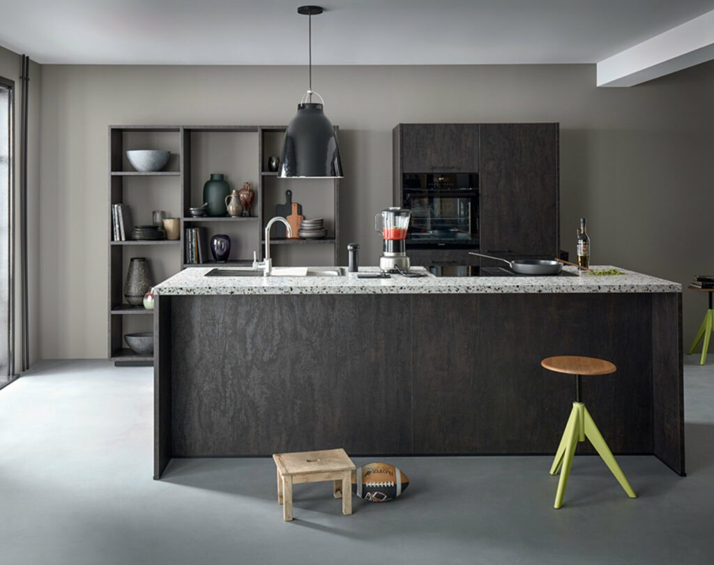 Schuller Dark Open Plan Kitchen With Island | Square Kitchens at Ponsford, Sheffield