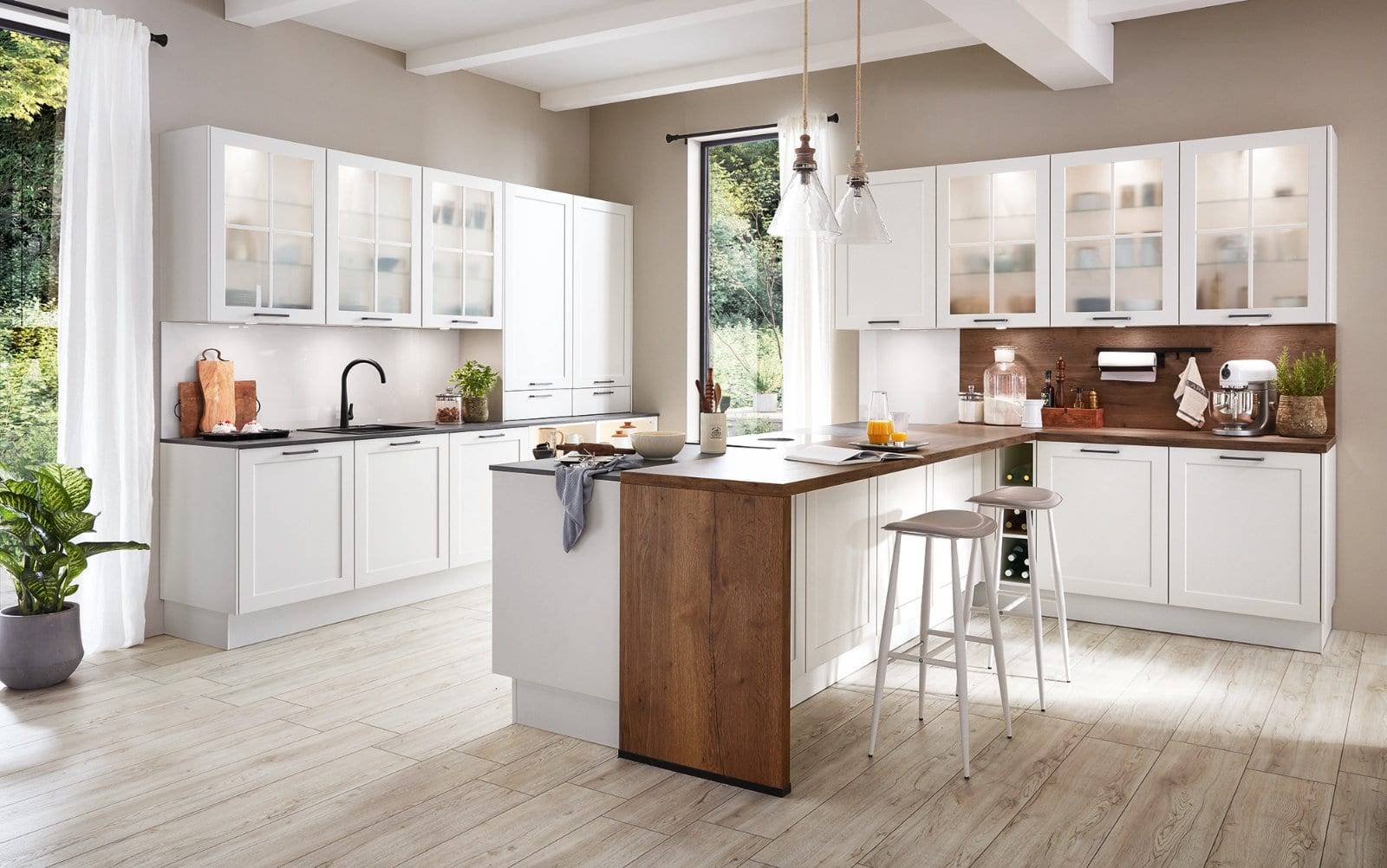 Nobilia Matt White Wood Shaker Open Plan L Shaped Kitchen With Island 2021 1 | Square Kitchens at Ponsford, Sheffield